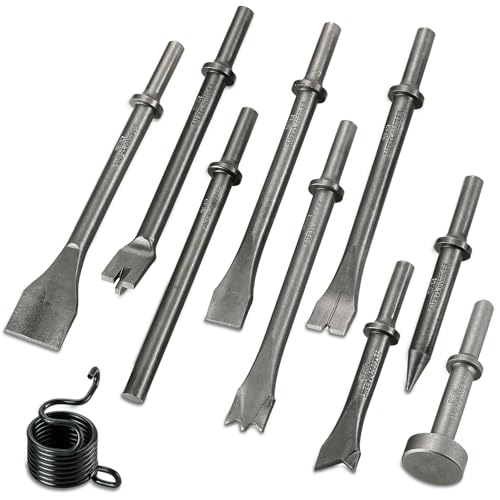 Image of 10pcs Pneumatic Air Hammer Chisels Set, Heavy Duty High Carbon Steel Pneumatic Air Hammer Chisels with 0.401 inch Shank, Pneumatic Chisel Tool Rivet Removal & Automotive Repairs, Includes Spring