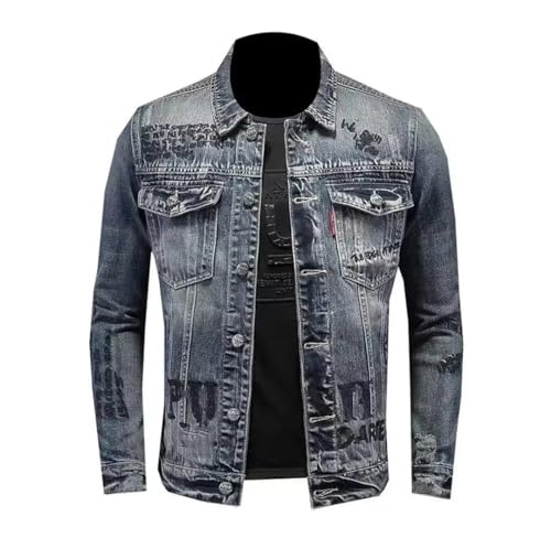 Men's Spring Denim Jacket Retro Slim Fit Single Breasted Lapel Embroidered Letters Motorcycle Jacket