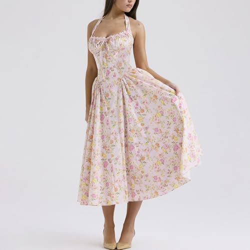 Image of Women Floral Corset Dress Halter Neck Low Cut Bustier Lace Midi Dress Flowy Pleated Hem Long Sundress with Pockets