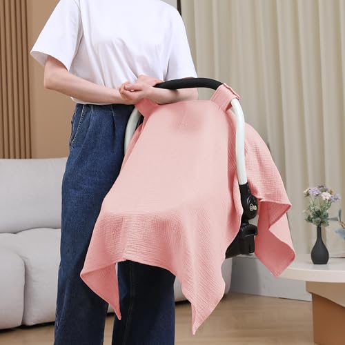 Image of 100% Muslin Cotton Car Seat Cover Baby, Carseat Canopy Cover, Universal Fit Stroller Covers for Boys and Girls (Pink)
