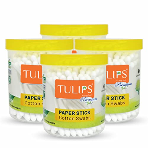 Image of Tulips Premium Paper Stick Cotton Ear Buds (Pack Of 4) Pure & Soft Cotton, 100 Sticks / 200 Tips Each Pack - White
