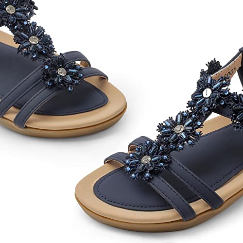 Musshoe Sandals For Women Dressy Summer Sandals Rhinestone Sparkly Sandals For Women Bling Sandals Womens Sandal Flat Shoes Elastic Ankle Strap Casual Summer Beach Sandals Flats,Navy 5 #TOP2