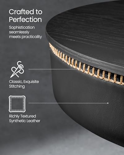 Image of VASAGLE Height Adjustable Bar Table, Round High Pub Table with Storage | PU Leather with Stitching, Transitional, Ink Black, EKHO Collection ULBT022B01