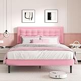 CXVX Full Size Bed Frame with Headboard, Platform Bed Frame with Velvet Upholstered Button Tufted Headboard, Wood Slats Support, No Box Spring Needed, Mattress Foundation, Easy Assembly, Pink