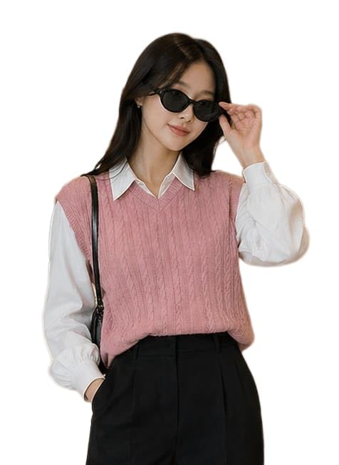 Women's Cable Knit Sweater Vest Shirt | 2-in-1 Collared V-Neck Long Sleeve* Jacquard Tshirt Parent-picture-55