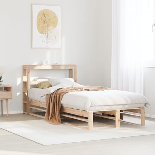 zylophax Cama de madera maciza sin colchón de 90 x 190 cm de pino, estructura de cama estable con somier, cama individual con práctico cabecero y estantes, cama juvenil duradera para un sueño