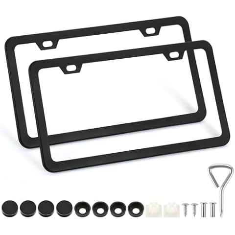 2 Pack License Plate Frames, 2 Holes Matte Black License Plate Frame,Aluminum License Plate Holder with Free Screws Fasteners Caps and Tool Cover