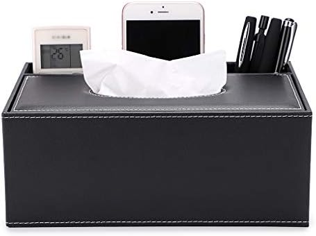 BSTKEY PU Leather Household Office Rectangular Tissue Box with Remote Control Storage Organizer Box - Elegant and Stylish Home Napkin Holder Desktop Tissue Paper Holder Desk Storage Organizer (Black)