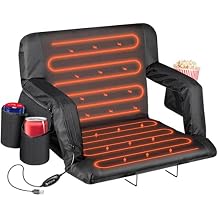 25" Wide Heated Stadium Seats for Bleachers, 6-Reclining Positions with Back and Cushion, Arm Rests, 3 Pockets, 2 Cup Holders, Anchor Straps, Portable Folding Seat with Shoulder Straps