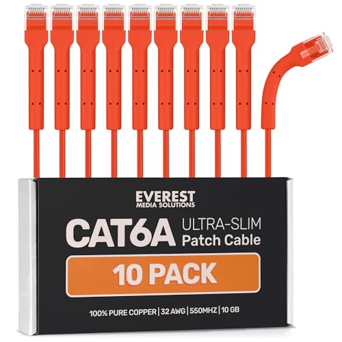 Image of Everest Ultra Slim Cat6a Ethernet Patch Cables 10ft (10-Pack) Orange | Bendable, Thin and Flexible