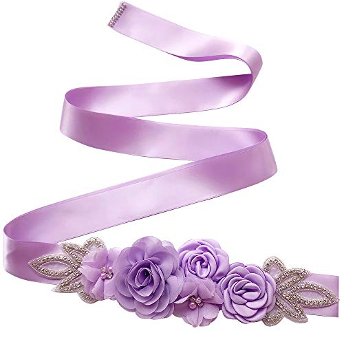 Maternity Sash Belt with Flower, Floral Baby Shower Belly Sash, Flower Girl Sash, Pregnancy Sash Belt for Photography (Purple)
