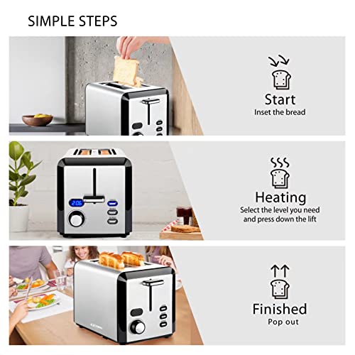 Toaster 2 Slice Stainless Steel Digital Toaster With Countdown Timer, Easy To Use, 800W, 6 Toast Settings, Reheat, Defrost, Cancel Functions, Removable Crumb Tray, Extra Wide Slots Bread Toaster #TOP5