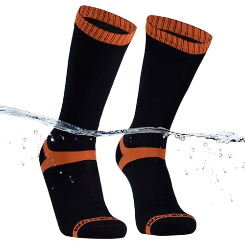 DexShell Waterproof Socks Hiking Trekking Merino Terry Loop Inner Extreme Cold Weather For Men and Women Hytherm Pro, Tangelo Red Stripe, Mid Calf Unisex X Large