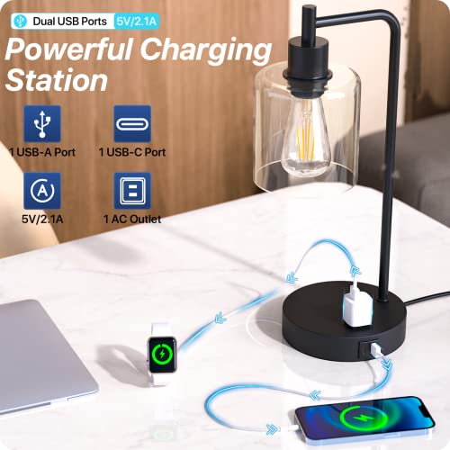 【Upgraded】Touch Control Industrial Table Lamp With Usb A+C Ports & Ac Outlet 3-Way Dimmable Glass Shade Bedside Nightstand Desk Lamp For Reading Bedroom Living Room Office Set Of 2-Light Bulb Included #TOP2
