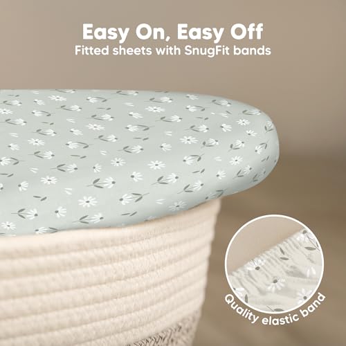 Image of 2-Pack Baby Bassinet Sheets Girl, Boy, 33x17 Bedside Sheets (Daisies) | Viscose Derived from Bamboo, Universal Fitted Bassinet Sheet, Compatible with Halo Bassinest Sleeper, Baby Delight, Graco