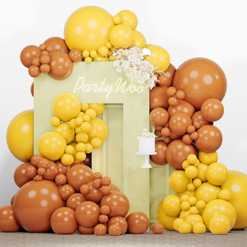 Image of PartyWoo Burnt Orange and Mustard Yellow Balloons 140 pcs Different Sizes Pack of 18 12 10 5 Inch Fall Balloon Arch Kit Garland for Thanksgiving Halloween Graduations Birthday Party Decorations