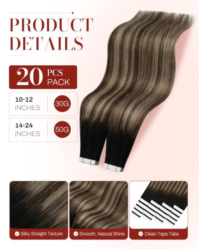 Image of Moresoo Tape in Hair Extensions Real Human Hair Brown Blonde 22in 20Pcs 50g | Tape extensions human hair, brunette base with dark blonde highlights, Remy texture, claw clips and wedding styling