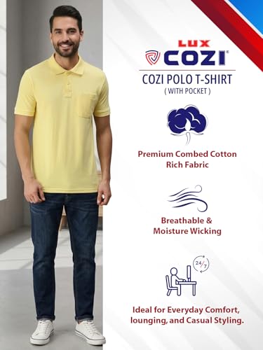 Image of Lux Cozi Men's Polo T-Shirt Regular Fit Half Sleeves with Pocket | Cotton Blend Polo Neck Collar T-Shirt for Men | Casual, Office Comfortable Breathable T-Shirt | Stylish Plain Tee