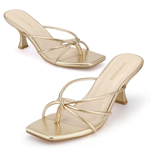 Image of Women's Strappy Square Open Toe Kitten Heel Thong Sandals Slip On Mule Style Dressy Summer Heels