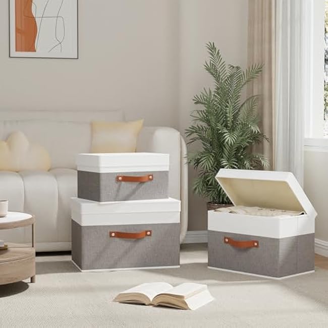 Fabric Storage Boxes with Lids, Linen Foldable Cloth Baskets, Closet Organizer Containers with Double Handles, Sweater Bins for Bedroom, White and Grey, 1 Pack, 13 x 9.1 x 7.9 Inch