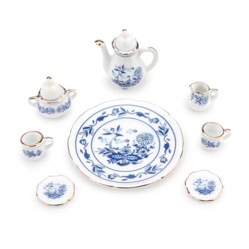 Image of Miniature Tea Set 1 /6 Scale Dollhouse Accessories Porcelain Blue Flower