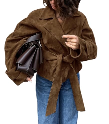 THLAI Womens Faux Suede Retro Jacket Long Sleeve Collar Moto Y2k Coat Outwear