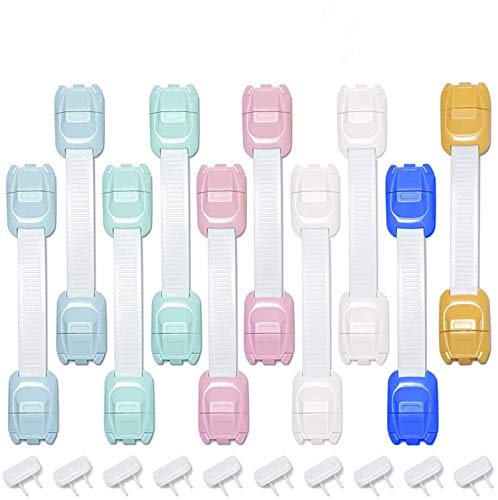 Child Safety Cabinet Locks - 10 Pack Baby Proofing Locks Kit for Home Drawer, Cabinets, Oven, Toilet Seat, Fridge with 3M Adhesive & 10 Outlet Covers No Drill Required Baby Proof Set