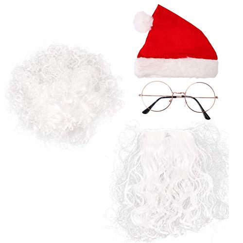J.SCT-5 1 Set Santa Costume Accessory Santa Beard Wig Glasses Hat Santa Claus Facial Hair Santa Cosply Suit for Christmas Party Performance Dressup (Assorted Color)