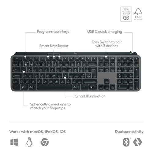 Logitech MX Keys S Wireless Keyboard, Low Profile, Fluid Precise Quiet Typing, Programmable Keys, Backlighting, Bluetooth, USB C Rechargeable, for Windows PC, Linux, Chrome, Mac - Graphite
