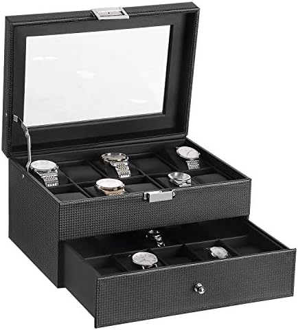 BEWISHOME Watch Box Organizer 20 Slots Watch Case Men Display Storage Case Metal Hinge Carbon Fiber Design Glass Top Large Holder Black SSH04C