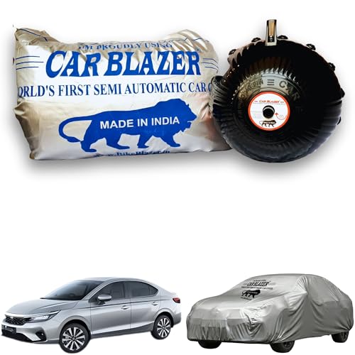 Image of CARBLAZER Portable & Semi-Automatic Full Body Car Covers: Heavy Duty Device| Anti-Theft| Dust & Scratch Proof | Water & Wind Resistant|Custom Fit| Dual-Side Cover, Compatible for Honda City New