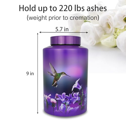 Image of Large Purple Metal Cremation Urns for Human Ashes, for Adult Female | 220 lbs Capacity, Hummingbird Design, Sealing Well & Durable & Waterproof, Stainless Steel, Funeral Women Ash Keepsake