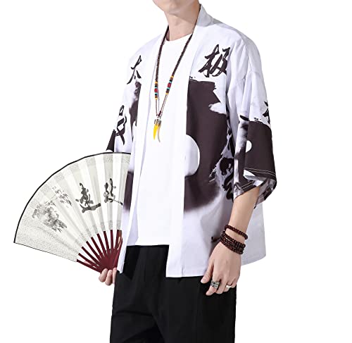 Image of PRIJOUHE Men's Lightweight Kimono Jacket Seven Sleeve Open Front Cardigan Coat Japanese Style Bathrobe