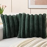 FUTEI Dark Green Decorative Cushion Covers 45x45 cm Set of 2,Soft Faux Rabbit Fur Wide Striped Textured Throw Pillow Covers,Modern Home Decor for Sofa Bed Bedroom Living Room