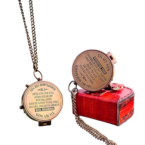 Brújula de bolsillo vintage de latón con grabado para hijo, con estuche de cuero y cadena - regalo inspirador funcional miniatura 1