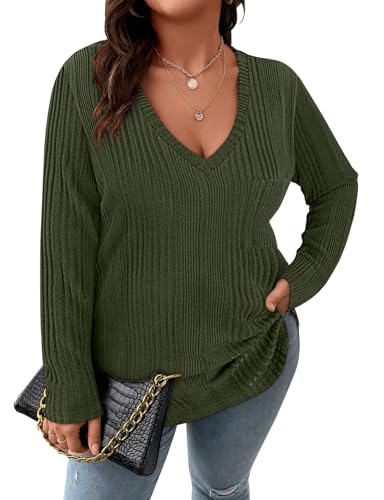 Image of Koscacy Women Plus Size Casual Knit Sweater with Pocket V Neck Solid Color Tops Lightweight Long Sleeve Blouses