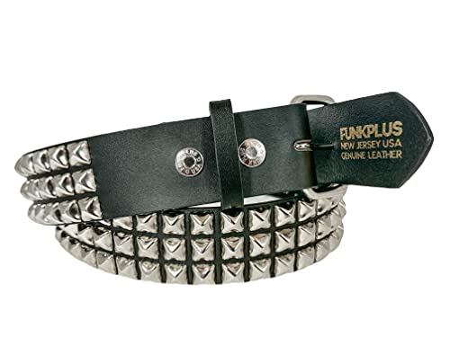 Three Row Pyramid Studded Genuine Leather Belt By Funk Plus Snap Off Buckle FUNK LOGO Snap