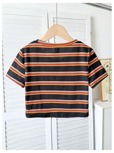 OYOANGLE Girl's Striped Print Short Sleeve T Shirts Ribbed Knit Crew Neck Crop Tops2