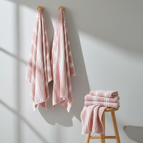 Image of Cortina Stripe Printed Towels for Bath (70 x 140 cm) 380 GSM Microfiber, Ultra Soft, Highly Absorbent & Quick Dry for Gym, Beach & Bathroom Towels for Men, Women & Kids (Pink Big Stripe)