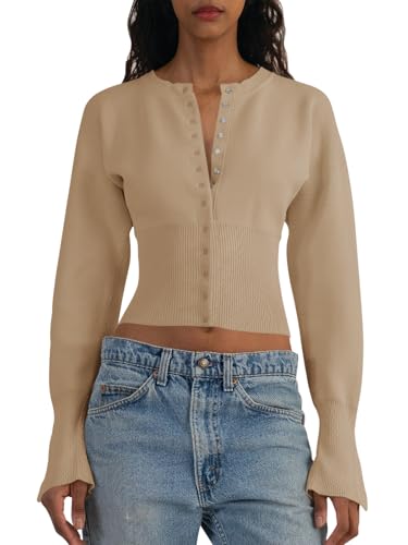 Image of Saodimallsu Womens Cropped Sweaters Cardigan | Button Down,Long Sleeve,V Neck,Ribbed Knit,Slim Fit ,Pullover Crop Tops