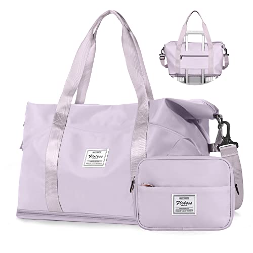 Travel Bag,Waterproof Duffel Gym Tote Bag with Toiletries Bag,Weekender Carry On Overnight Bags for Women with Trolley Sleeve Wet Pocket,Duffel Hospital Bag, Purple Set