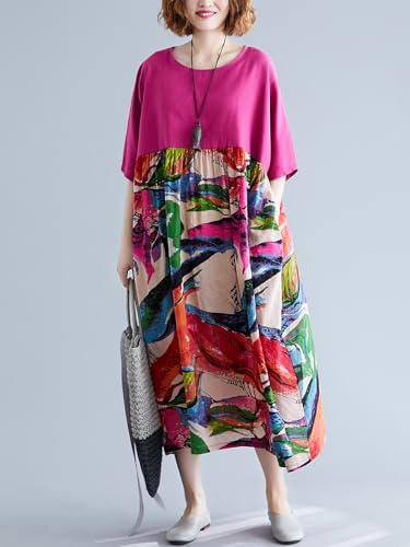 Image of Women's Oversized Dress Plus Size Summer Dress Artsy Print Pathwork | Loose, Oversized Cut Baggy Dresses. O Neck with Pockets. Breathable Viscose Fabric for Summer. Colorful Print Patchwork