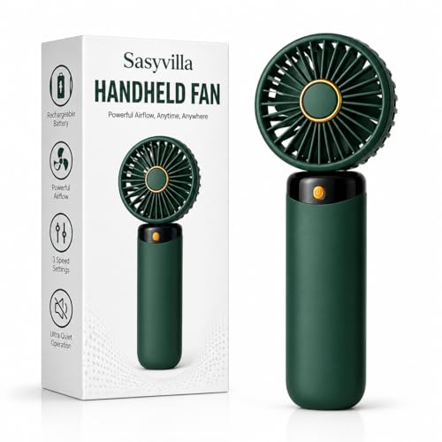 Image of Portable Mini Fan Powerful Hand Fan Cute Foldable with 3 Speed Personal Small Desk Fan With Base, Lightweight Rechargeable Handheld Fan For Girl Women Men, Indoor Outdoor 15cm
