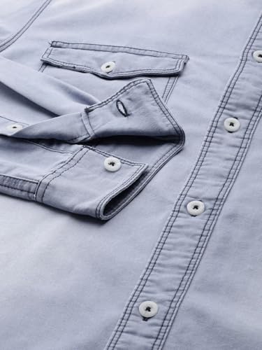 Image of The Indian Garage Co Men Slim Fit Solid Full Sleeves Cutaway Collar Double Flap Pocket Casual Denim Shirt