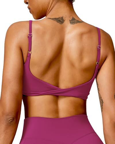 Image of QUOJIZY Sports Bras for Women Open Back Workout Tops for Women Yoga Bra Spaghetti Straps Twist Back
