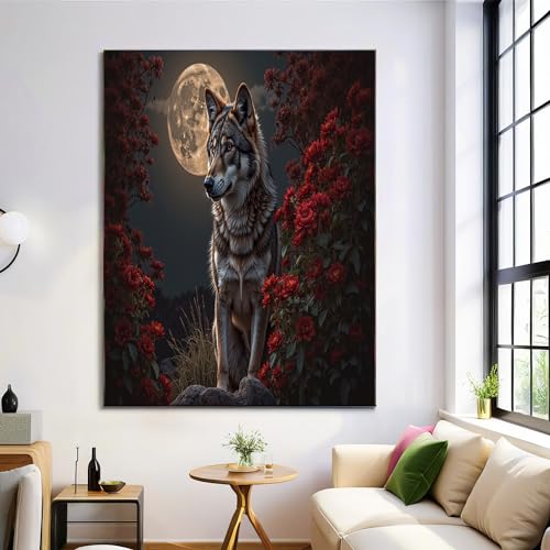Cuadro en lienzo GDJSMIN de lobo místico con hojas florales rojas de 60x90 cm