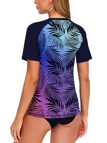 Image of AOBUTE Women Short Sleeve Rash Guard Gradient Sun Protection Swim Shirts