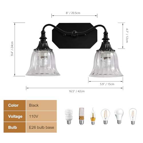 Image of LmnLvn 2-Light Bathroom Vanity Light, Matte Black with Crystal Glass Shade