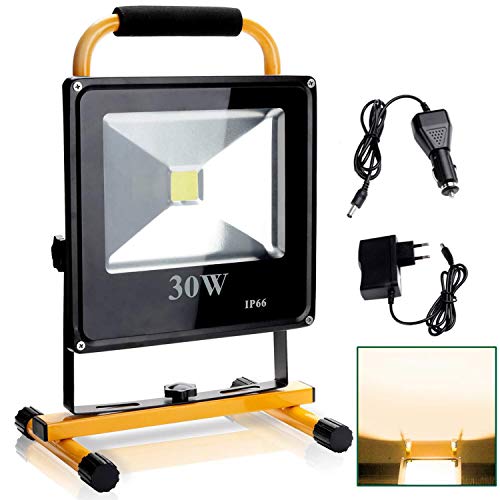 Preisvergleich Produktbild Hengda Akku LED Baustrahler - Arbeitsscheinwerfer - Bauscheinwerfer - Arbeitsleuchte - 30W Warmweiß, 2400 Lumen, 3000K, IP66 Wasserdicht, Für den Innen- und Außenbereich