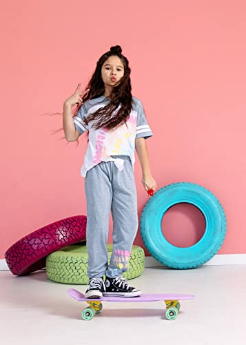 Sleep On It Girls Pajamas Pant Sets 4 Piece Summer T-Shirt And Legging Sleepwear Sets For Kids (2 Full Sets) (10-12, Gray-Pink) #TOP2